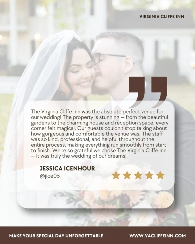 ✨ “The wedding of our dreams.” ✨
That’s how Jessica Icenhour described her big day at The Virginia Cliffe Inn — and our hearts couldn’t be fuller 💛

From magical garden paths to charming indoor spaces, every corner of our venue is designed to make your celebration unforgettable. We’re honored to have hosted such a beautiful wedding, and beyond grateful for kind words like these:

“The Virginia Cliffe Inn was the absolute perfect venue for our wedding… every corner felt magical.”

If you're searching for a venue that feels like a fairytale — with the professionalism and warmth to match — we’d love to show you around.

📸 Planning a 2026 or 2027 wedding? Let’s chat! Link in bio.

#VirginiaCliffeInn #RealWeddings #BrideTestimonial #WeddingVenue #RichmondWeddings #DreamWedding #virginiaisforlovers #rvaweddings #bedandbreakfast